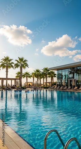 Luxurious Resort Swimming Pool with Palm Trees and Clear Sky.