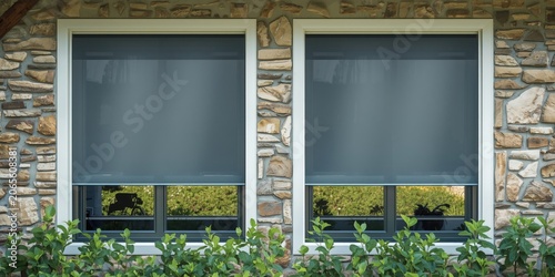 Gray roller shades on stone...