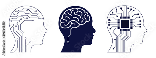 Bild auf Leinwand Artificial Intelligence Evolution: Three profiles showcasing the evolution of intelligence, from a simple circuit design to a complex neural network and finally a microchip-integrated brain