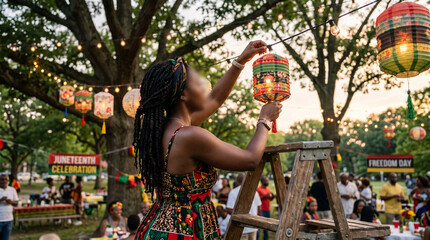 Close up of an unrecognizable person hanging vibrant colorful paper lanterns outdoors for a festive Juneteenth celebration, creating a joyful community atmosphere celebrating freedom and heritage.