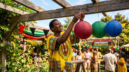 Vivid and detailed view of an unrecognizable person hanging bright decorative paper lanterns outdoors for a traditional Juneteenth celebration, capturing the rich cultural spirit of freedom.