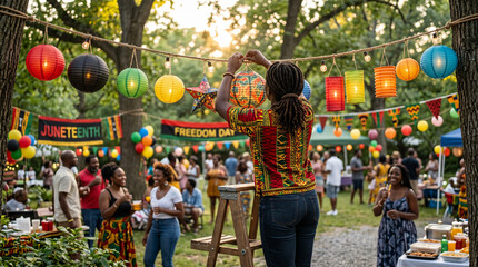 An unrecognizable person carefully hanging beautiful unbranded paper lanterns outside during a sunny day for a Juneteenth holiday celebration, highlighting cultural diversity and community unity.