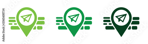 Fotografía Paper Plane Location Icons: A trio of stylized location pin icons, each containing a paper plane symbol, presented in varying shades of green and set against a subtle brick pattern