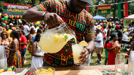 Close up view of an unrecognizable person pouring cool lemonade into a glass at a festive outdoor Juneteenth celebration, symbolizing summer refreshment, community gathering, and holiday joy.