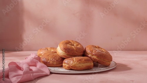 Freshly baked bagels on a p...