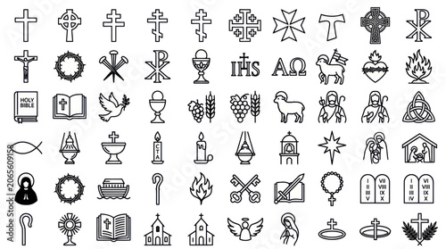 Fotografie Christian religious icons and symbols line art set.