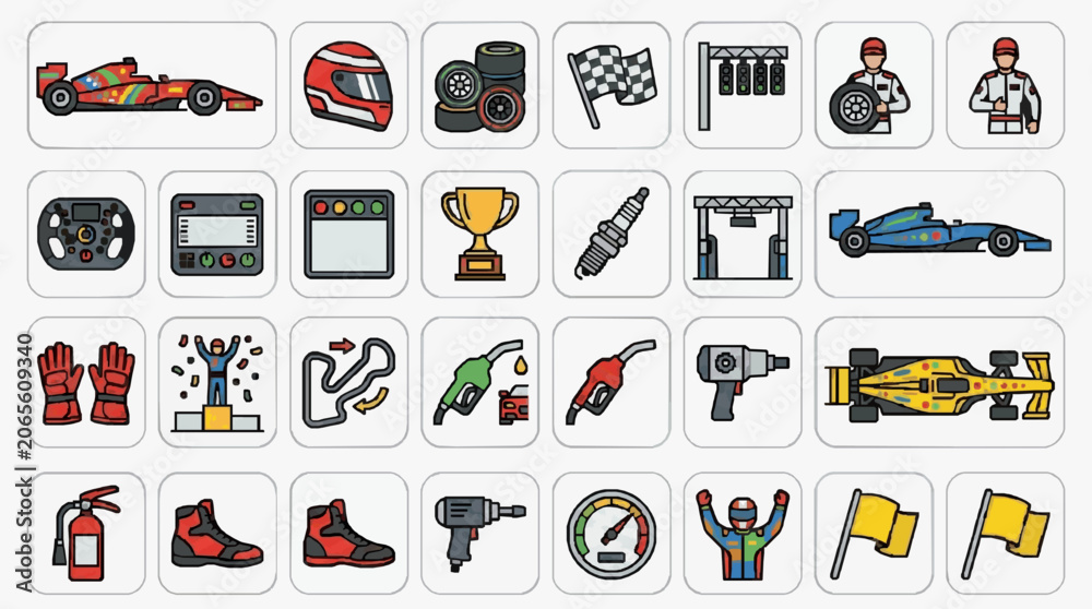 Naklejka premium Professional Flat Racing Icons Set Colorful Racing Car Driver Gear Tools and Track Equipment Illustrations