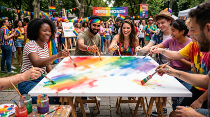 A diverse group of happy people painting rainbow colors on a long white canvas at an outdoor pride month event surrounded by colorful festival decorations and supporters, ideal for pride celebration c