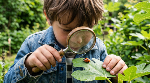 A child in a denim jacket closely examines a red ladybug on a green leaf through a classic magnifying glass in a lush garden, representing childhood curiosity and nature learning for educational and e