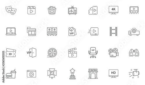 Movie and Cinema icons set. Contains such icons as tv, entertainment, movie, camera, film and more. Entertainment icon collection on white background. Vector illustration.