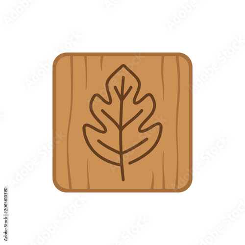 Oak leaf outline engraved on a square wooden block icon with rounded corners.