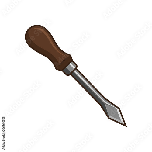 Professional wood carving chisel tool with sharp metal blade and ergonomic brown wooden handle.