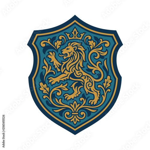 Medieval Heraldic Shield with Golden Lion Rampant and Royal Crown Ornamentation.