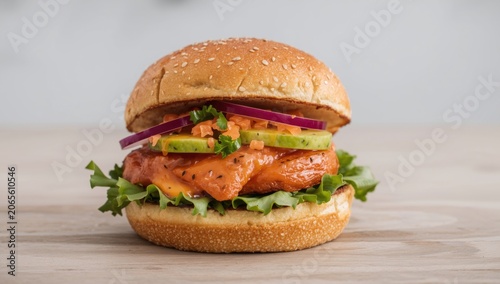 Salmon burger with lettuce,...
