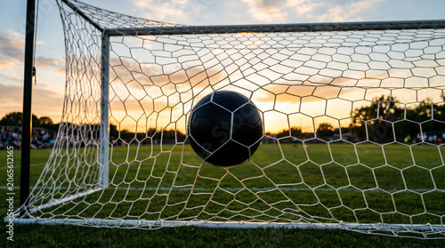 Black soccer ball rests in a clean white goal net on a green field at sunset, framed by warm evening light, distant spectators, and the unmistakable drama of scoring