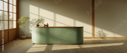 Cozy green counter with woo...