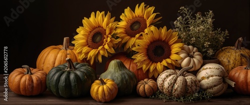 Pumpkins and sunflowers arr...