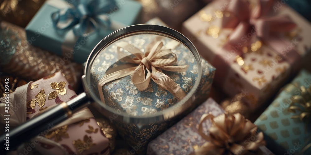 Fototapeta premium Zoomed magnifying glass on a decorated gift box among assorted wrapped packages symbolizing precise gift choice and consumer focus