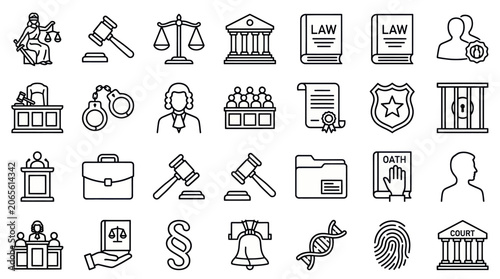 Tableau sur toile Courtroom justice and legal procedure icons set.