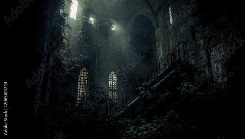 Haunting Interior Scene of Old Castle Ruins Filled with Shadows