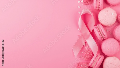 Pink macarons and ribbon on...