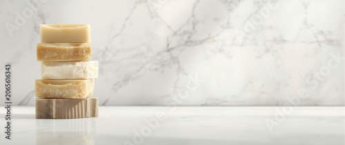Stacked soap bars displayed...