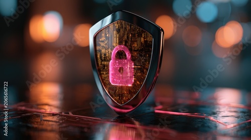 Digital shield with pink lock, glowing circuits, and bokeh background