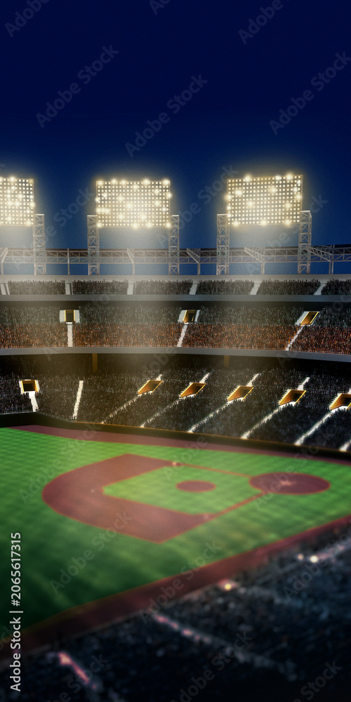 Naklejka premium Vertical view of packed 3D baseball stadium and illuminated field at night. Concept of championship advertising, vertical game day posters, arena lighting and tournament backdrops.