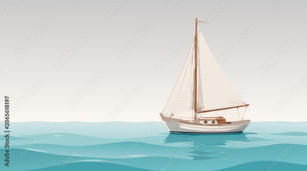 Fototapeta premium Peaceful small wooden sailboat drifting on a calm blue sea under a clear sky, minimalist flat vector illustration of nautical summer vacation, maritime adventure and ocean travel on light background.