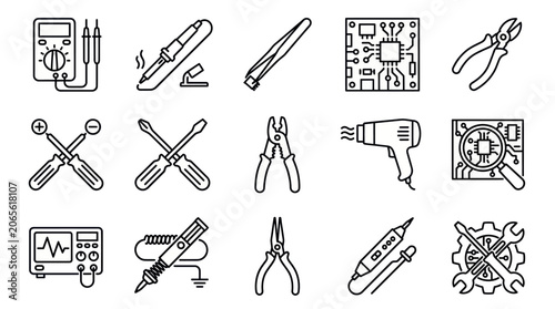 Electronic repair equipment and diagnostic tool line icons.