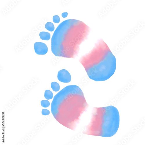 abstract watercolor footprints in blue, pink, and white stripes of the trans pride flag isolated in a transparent background. 