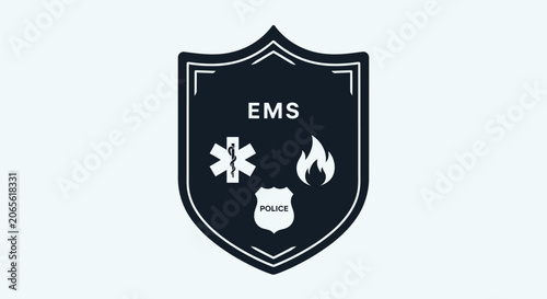 Combined emergency services shield emblem with medical fire and police symbols.