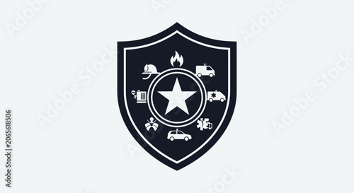 Black and white shield emblem with emergency services icons.