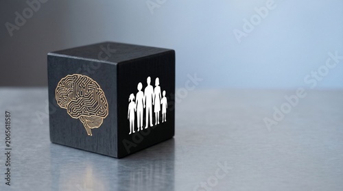 Black Cube with Brain and Family Icons on a Grey Surface Symbolizing Intelligence
