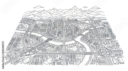 Urban city map with skyscrapers and mountains in line art style