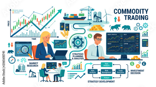 Commodity trading professionals analyzing global markets and data