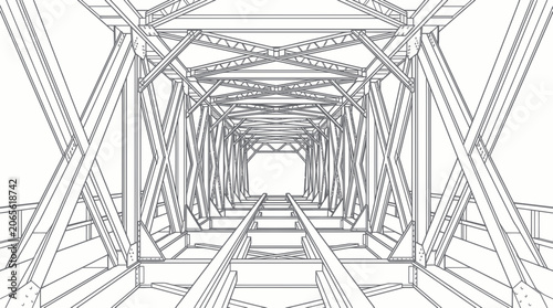 Industrial truss bridge interior perspective blueprint