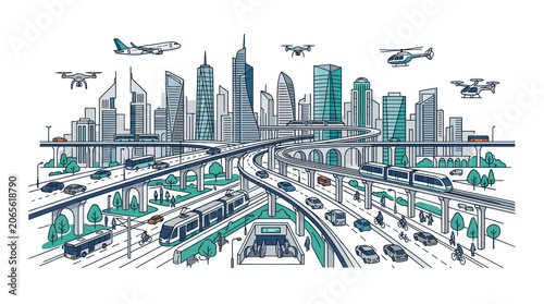 Modern smart city infrastructure with integrated transportation systems
