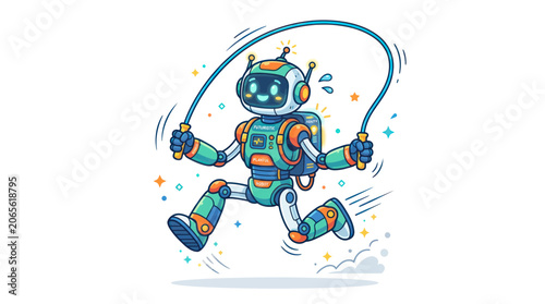 Friendly futuristic robot jumping rope for fitness and exercise