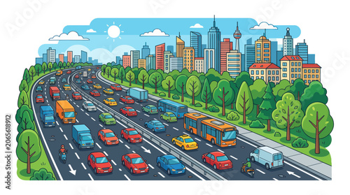Busy city highway with heavy traffic leading to a modern skyline