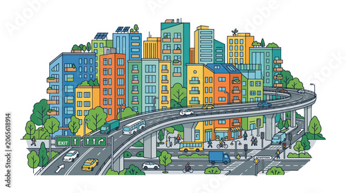 Vibrant city skyline with sustainable architecture and busy highway