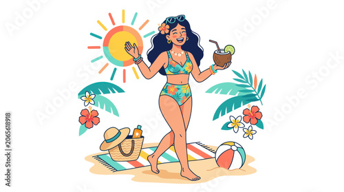 Smiling woman in floral swimsuit enjoying a tropical beach vacation