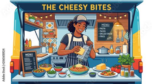 Smiling woman grating cheese over pasta in a modern food truck