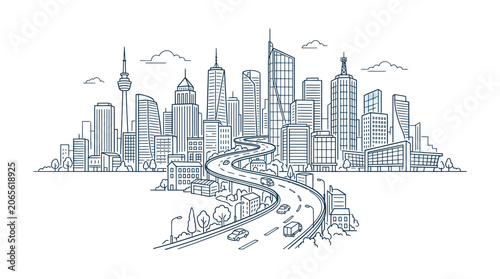 Modern city skyline with winding highway and skyscrapers