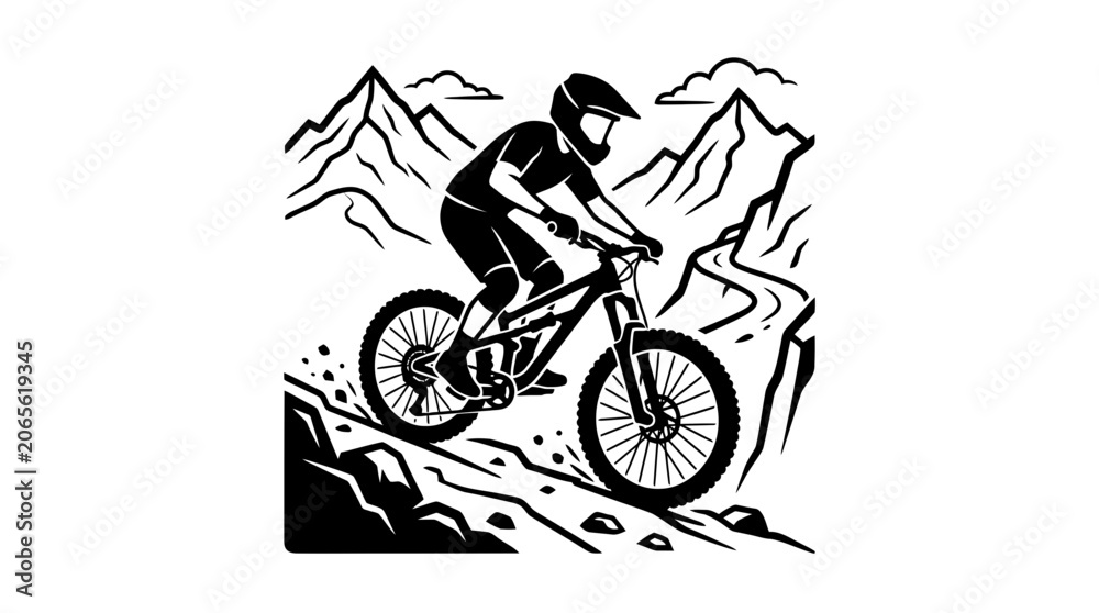 Naklejka premium Mountain Biker Descending Rocky Trail with Mountains in Background