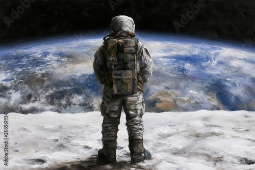 Astronaut standing on the moon surface looking at planet Earth from deep space, Rear view of cosmonaut in spacesuit on lunar surface watching blue Earth, space exploration concept.
