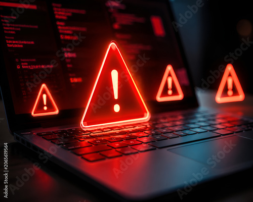 Warning alert triangle icons glowing over laptop keyboard representing system error notification