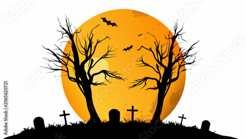 Schilderij op canvas Graveyard Landscape Silhouette With An Orange Moon And Flying Bats Against A Whi