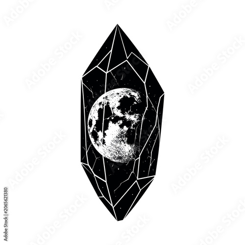Black and white moon inside a geometric crystal shape on white background