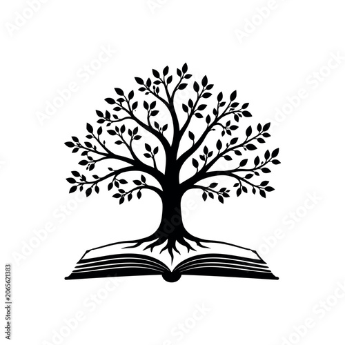 Black silhouette of a tree growing from an open book on white background